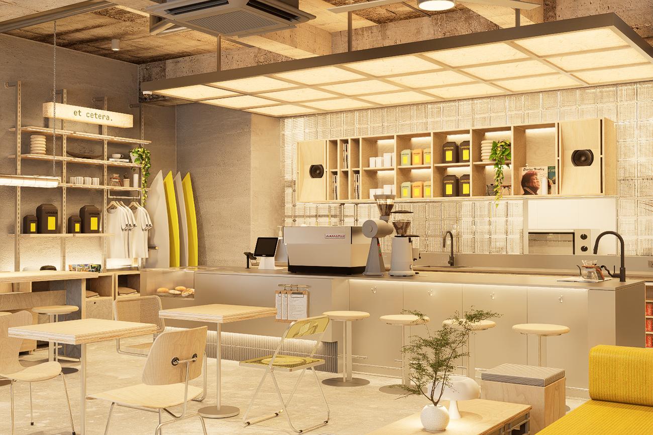 The dispatch coffee bar with espresso machine, plywood shelving and goods wall