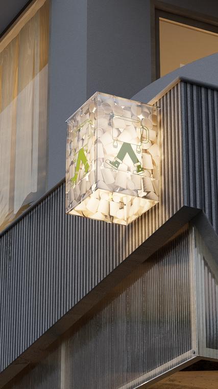Signage box filled with paper cups, lit from within