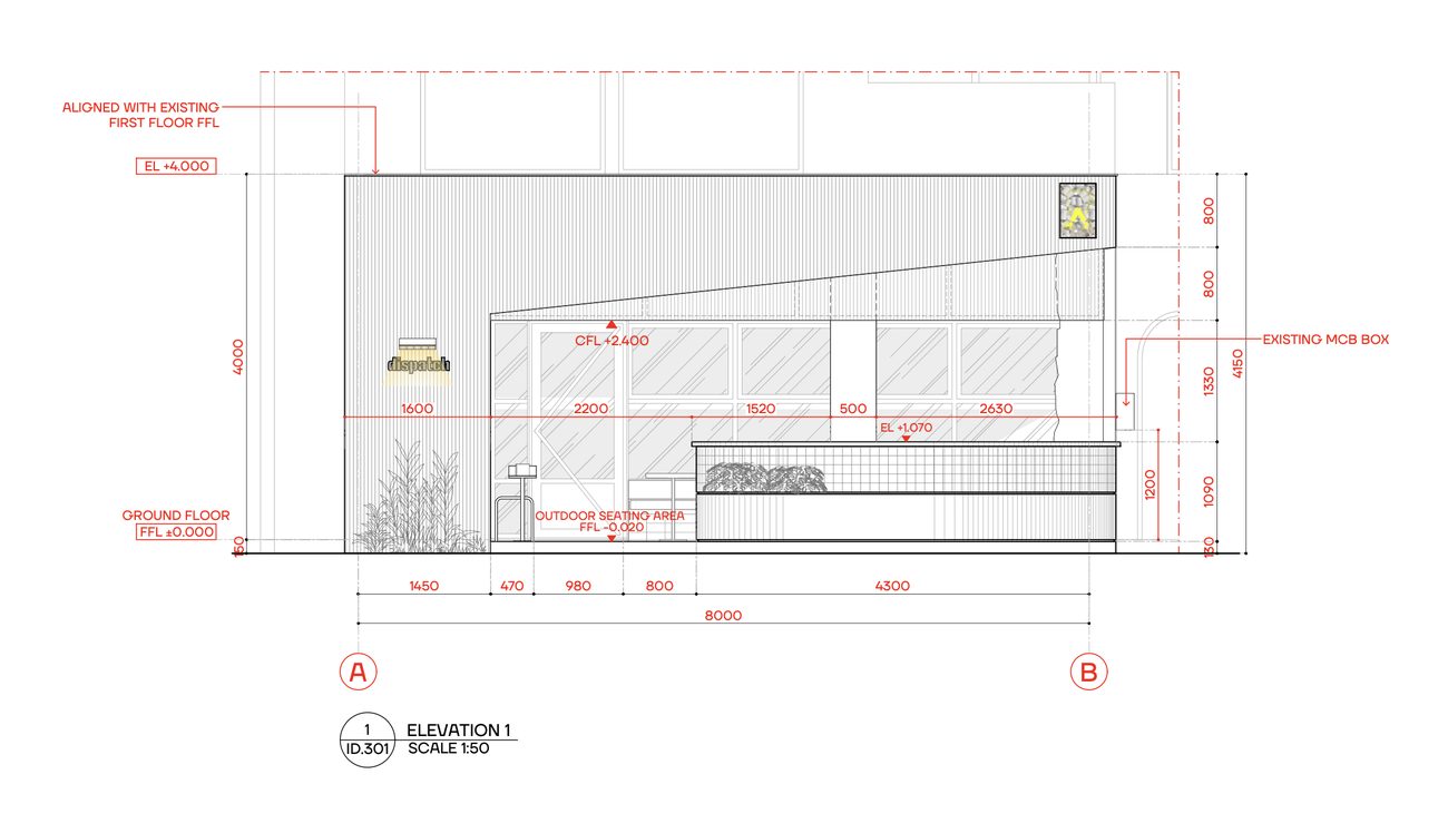 Street elevation drawing id.301 showing facade and signage