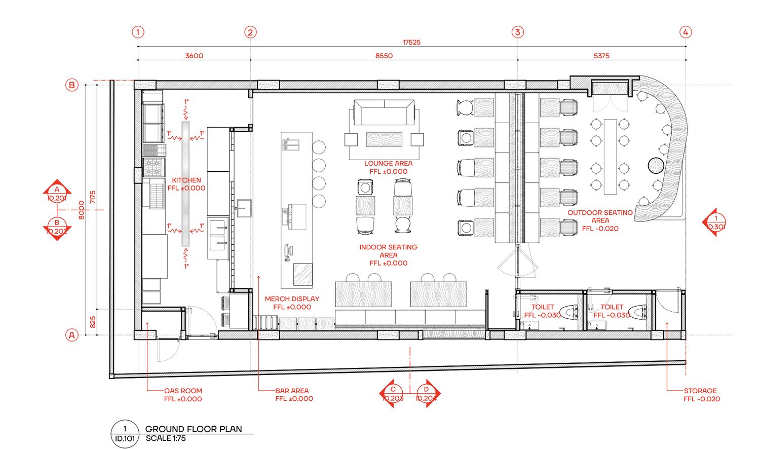 Ground floor plan — kitchen, bar, merch display, indoor and outdoor seating